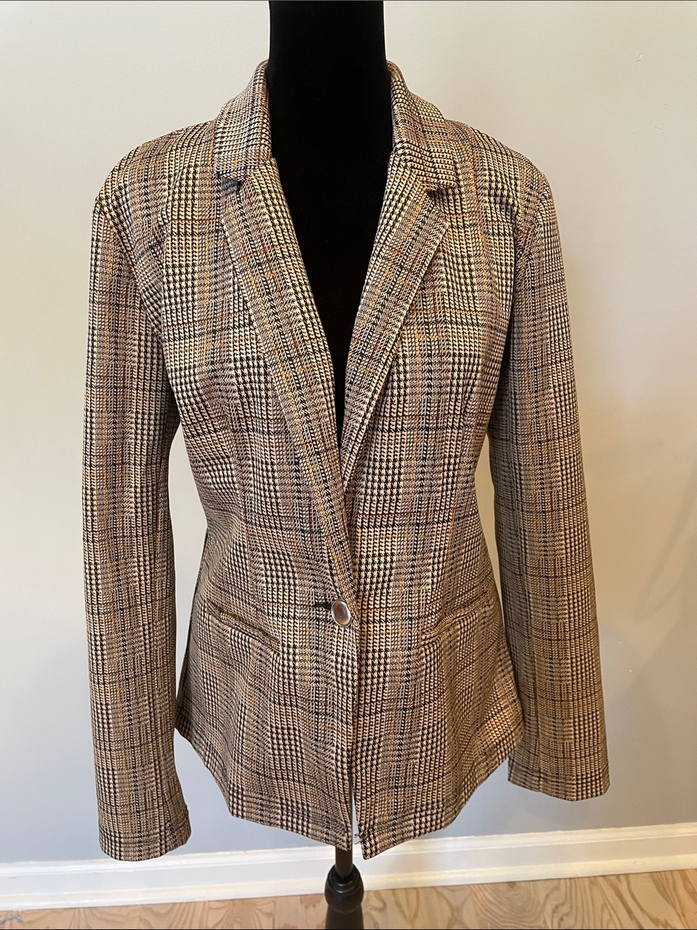 Womens Plaid Single-Button Blazer Jacket - Tan Black like new small